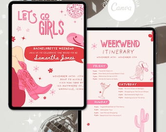 Let’s Go Girls Bachelorette Invitation & Itinerary Editable Template, Nashville Bash Weekend, Pink Cowgirl Party, Last Rodeo Country Invite