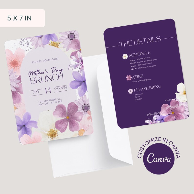 K&ouml;nnte beinhalten: Eine violette und wei&szlig;e Blumen-Einladung zu einem Muttertags-Brunch. Die Einladung enth&auml;lt das Datum, die Uhrzeit und den Ort der Veranstaltung. Die Einladung enth&auml;lt auch einen Zeitplan und Informationen zur Kleidung f&uuml;r die Veranstaltung. Die Einladung ist 5x7 Zoll gro&szlig;.