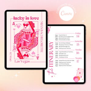 Invitación e itinerario para despedida de soltera "Lucky In Love Las Vegas", plantilla editable, despedida de soltera rosa, imprimible, digital, hazlo tú mismo al instante