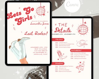 Let’s Go Girls Bachelorette Invitation, Itinerary & Outfit, Editable Template, Nashville Bash Weekend, Last Rodeo Country Red Retro Cowgirl