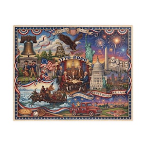 May include: A jigsaw puzzle featuring a patriotic collage with the text 1776-2026, E Pluribus Unum, Freedom, and USA. The illustration includes the Liberty Bell, a bald eagle, the Statue of Liberty, the Capitol building, fireworks, and a red truck.