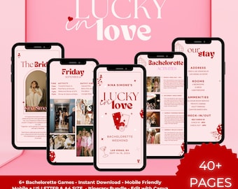 May include: A printable bachelorette party itinerary with a pink background and red accents. The itinerary is titled "Lucky in Love" and includes a schedule of events, activities, and a list of accommodations. The itinerary is designed for a weekend trip to Las Vegas, Nevada.