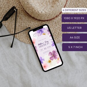 K&ouml;nnte beinhalten: Eine digitale Einladung zu einem Muttertagsbrunch am 14. Mai um 14:00 Uhr. Die Einladung zeigt ein florales Design mit lila, rosa und wei&szlig;en Blumen auf wei&szlig;em Hintergrund. Der Text "Bitte nehmen Sie an unserem Muttertagsbrunch teil" befindet sich in einem goldenen Kreis mit lila Rand.