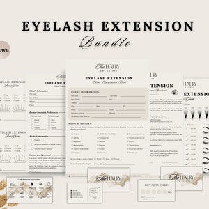 May include: A printable set of forms and cards for eyelash extension businesses. The set includes a client consultation form, a tension agreement form, an extension guide, a loyalty card, and a business card. The forms are designed in a modern style with black and white text on a white background.