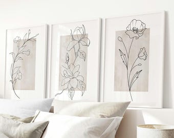 3er Set Botanische Beige Prints, Floral Linie Kunst, Beige Dekor, Neutrale Wanddekoration, Blumenkunst, 3-teilige Wandkunst, druckbare Wandkunst, natürlich