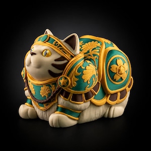 May include: A ceramic cat figurine in a seated position, adorned with ornate armor. The armor features teal and gold accents with floral designs. The cat has a cream-colored body with brown stripes and yellow eyes, set against a black background.