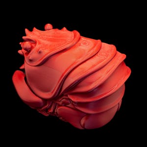 K&ouml;nnte beinhalten: Eine leuchtend rote, abstrakte Skulptur mit einem geschichteten, muschelartigen Design. Das Kunstwerk hat eine glatte, gl&auml;nzende Oberfl&auml;che und ist vor einem tiefschwarzen Hintergrund platziert, der seine Form und Textur hervorhebt. Das St&uuml;ck erinnert an organische Formen.