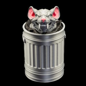 Puede incluir: Un cubo de basura plateado con una amenazante cabeza de rata gris que emerge de la parte superior. La rata tiene orejas y nariz rosas, dientes blancos y una expresión severa. El fondo es negro.