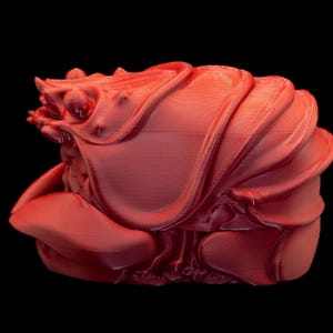 K&ouml;nnte beinhalten: Eine rot gef&auml;rbte 3D-Skulptur einer abstrakten Form, m&ouml;glicherweise einer Krabbe oder einem Krebs, vor schwarzem Hintergrund. Das Objekt hat eine strukturierte Oberfl&auml;che mit geschichteten, gebogenen Elementen.