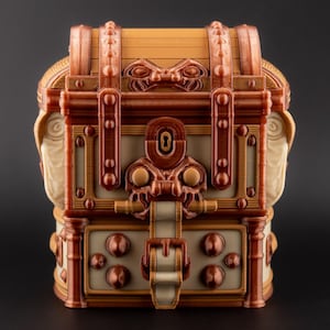 May include: A decorative treasure chest in shades of brown, beige, and copper. The chest features intricate details, including a keyhole, decorative rivets, and a clasp. The design has a vintage or fantasy theme.
