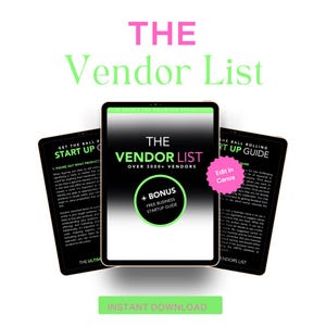 May include: An advertisement for a digital product, showing three tablets. The main tablet displays "THE VENDOR LIST" with "OVER 3000+ VENDORS" and "+ BONUS FREE BUSINESS STARTUP GUIDE." Other tablets show "GET THE BALL START UP" and "THE BALL ROLLING RT UP GUIDE."