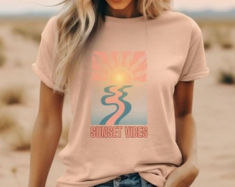 Camiseta Sunset Vibes, camiseta Groovy Sun, camiseta Retro Sunset, camiseta con gráficos de playa, ropa de playa, camiseta de surf, camiseta de vacaciones, camiseta Beach Bum
