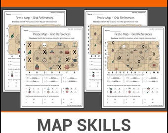 Habilidades cartográficas / Mapa del tesoro pirata / Referencias de cuadrícula / Localizar, identificar y trazar / Lección de geografía / Hojas de trabajo sin preparación