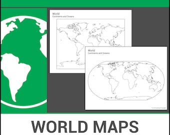Mapas del mundo imprimibles en blanco / Continentes y países / Etiquetar e identificar / Lección de geografía / Hojas de trabajo sin preparación
