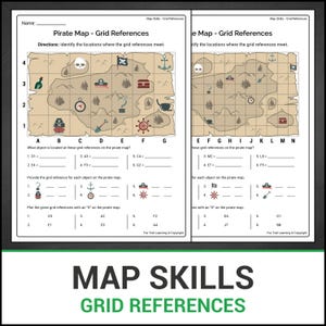 Karte Fähigkeiten | Piraten Schatzkarte | Grid Referenzen | Finden, Identifizieren und Plotten | Geographie-Unterricht | Keine Prep Worksheets