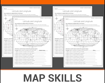 Habilidades cartográficas / Mapa del mundo / Latitud y longitud / Localizar, identificar y trazar / Lección de geografía / Hojas de trabajo sin preparación