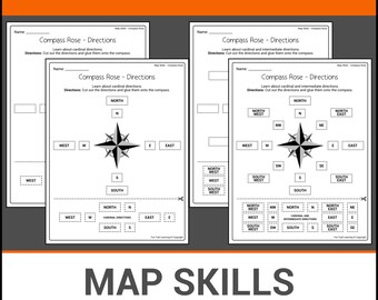 Habilidades cartográficas / Rosa de los vientos / Direcciones cardinales e intermedias / Recortar y pegar / Lección de geografía / Hojas de trabajo sin preparación