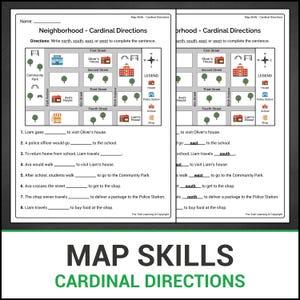 Karte Fähigkeiten | Viertel | Himmelsrichtungen | Füllen Sie die Lücke | Geographie-Unterricht | Keine Prep Worksheets