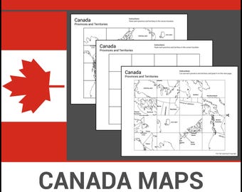 Mapas de Canadá imprimibles para cortar y pegar / Aprenda sobre provincias y territorios / Lección de geografía / Hojas de trabajo sin preparación