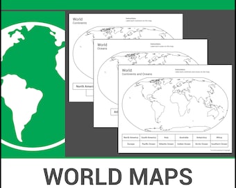 Mapas del mundo imprimibles / Aprende continentes y océanos / Lección de geografía / Hojas de trabajo sin preparación