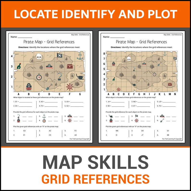 Map Skills | Pirate Treasure Map | Grid References | Locate, Identify ...