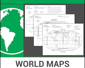 Mapas del mundo imprimibles / Aprende hemisferios / Lección de geografía / Hojas de trabajo sin preparación