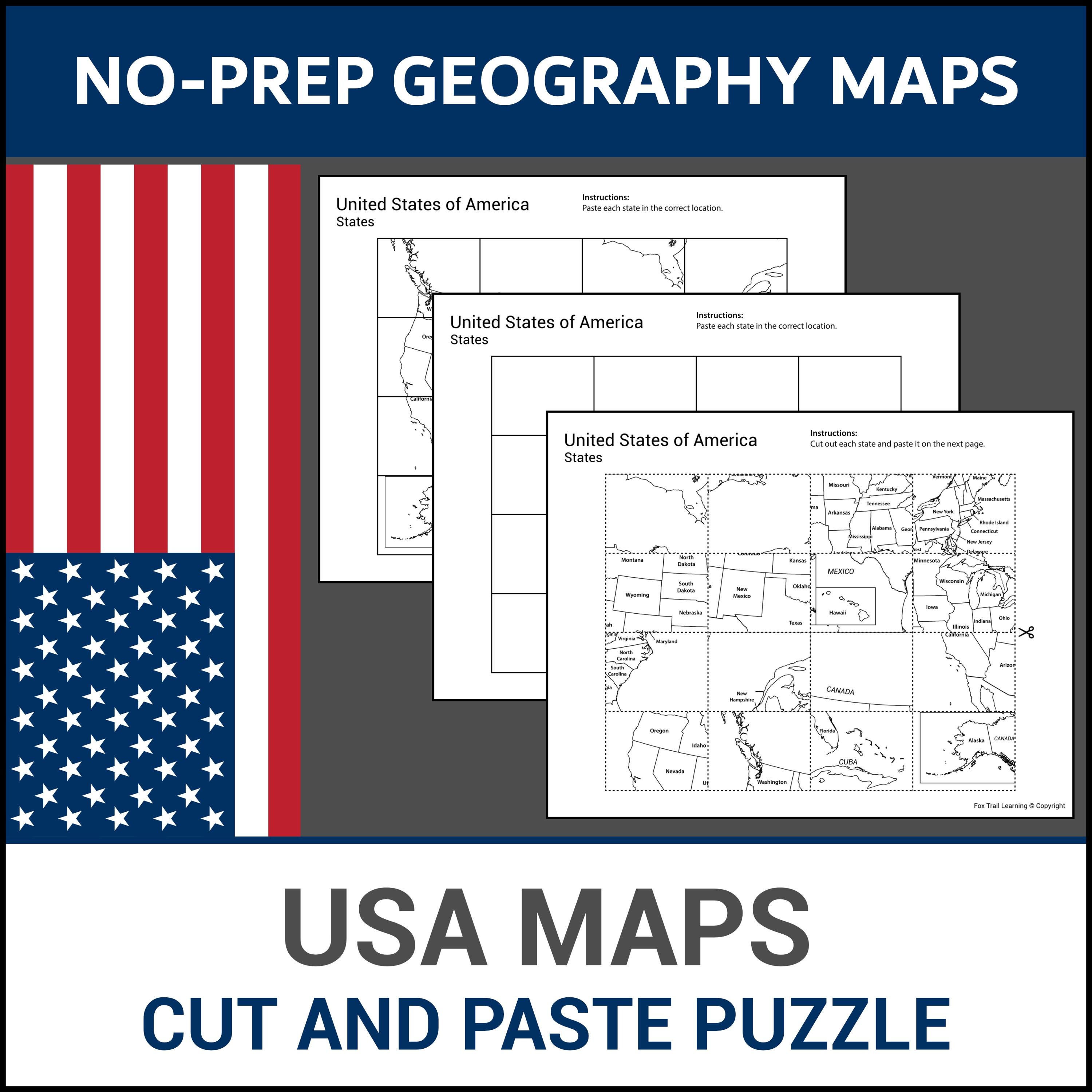Gluing Map Printable Cut & Paste Puzzle USA Maps | Learn States and Capitals ...