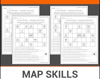 Habilidades cartográficas / En el bosque / Direcciones de la brújula / Completar el espacio en blanco / Lección de geografía / Hojas de trabajo sin preparación