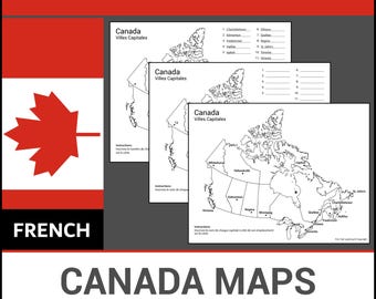 Mapas imprimibles de Canadá en francés / Aprende las capitales / Etiqueta e identifica / Lección de geografía / Hojas de trabajo sin preparación