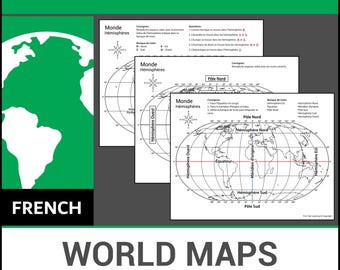 Mapas del mundo imprimibles en francés / Aprende los hemisferios / Lección de geografía / Hojas de trabajo sin preparación