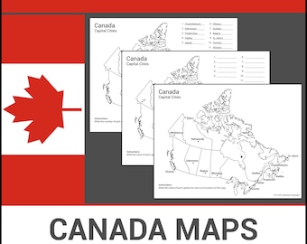 Mapas imprimibles de Canadá / Aprende las capitales / Etiqueta e identifica / Lección de geografía / Hojas de trabajo sin preparación