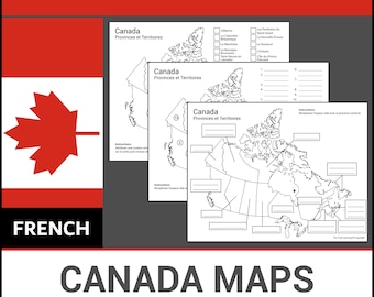 Mapas imprimibles de Canadá en francés / Aprenda sobre provincias y territorios / Etiquetar e identificar / Lección de geografía / Hojas de trabajo sin preparación