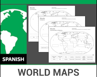 Etiquetas imprimibles para cortar y pegar en español - Mapas del mundo / Aprende continentes y océanos / Lección de geografía / Hojas de trabajo sin preparación