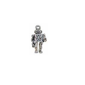 Peut inclure: Un charme en argent en forme de robot. Le robot a une tête ronde avec un visage et un corps avec des bras et des jambes.