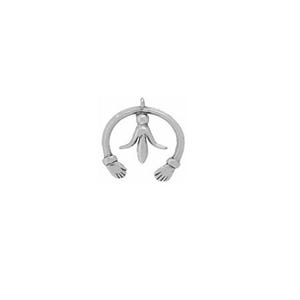 May include: Silver pendant featuring a stylized flower design with two hands on either side of the flower. The pendant is in the shape of a circle.