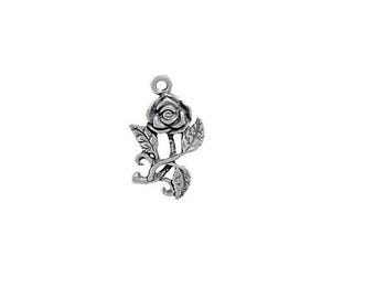 May include: Silver charm featuring a detailed rose with leaves. The rose is facing the right side of the charm.