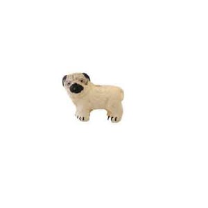 May include: A small, cream-colored pug figurine with black accents on its ears, nose, and paws. The pug is standing, facing forward, and has a slightly textured appearance. The background is plain white.