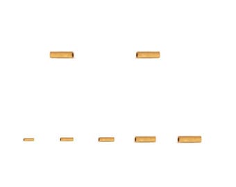 May include: A set of seven gold-colored metal tubes of varying lengths. The tubes are arranged in a row from shortest to longest.