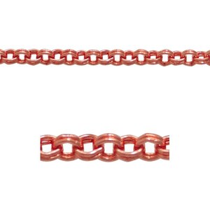 May include: A close-up of a copper chain with a smooth, polished finish. The chain is made of small, interlocking links.