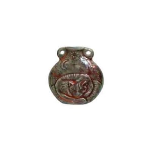 May include: A ceramic vase with a cat design. The vase is a rounded shape with two small handles and a wide opening. The cat is depicted in a curled-up position. The vase has a mottled, reddish-brown and gray color scheme, with celestial accents.