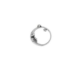 May include: Silver charm featuring a crescent moon with a face and a small star.