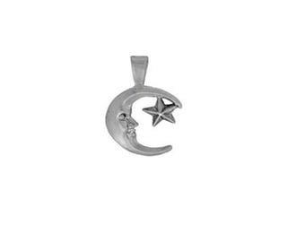 May include: A silver crescent moon charm with a star on top. The moon has a face on it.