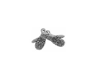 May include: Silver charm in the shape of two mittens. The mittens have a detailed knit pattern.