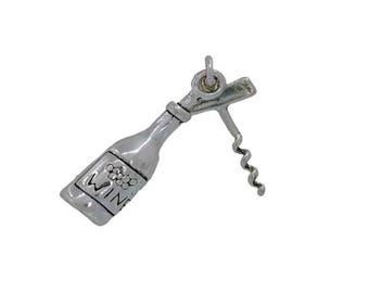 Sterling Silver Wine Bottle & Corkscrew Charm | Made in USA