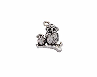 Festive Owls with Santa Hats Charm - Christmas Jewelry Sterling Silver