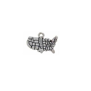 May include: Silver charm in the shape of the United States of America. The charm is detailed with state borders and is perfect for jewelry making.