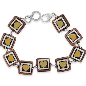 May include: A silver and copper bracelet with a chain link design. Each link features a square with a gold heart inside.