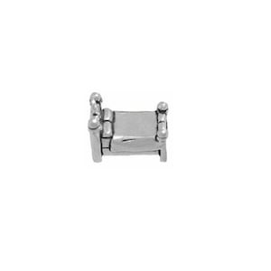 May include: A silver charm shaped like a bed with a headboard and footboard. The bed is made of metal and has a simple design.