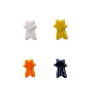 May include: Four ceramic star-shaped charms with a tail. The stars are white, yellow, orange, and blue.