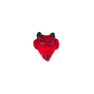 May include: Red devil head with black horns and a mischievous grin. This ceramic figurine is a fun and spooky decoration for Halloween.